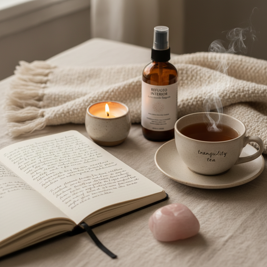 Ambiente de ritual de autocuidado con productos Refugio Interior